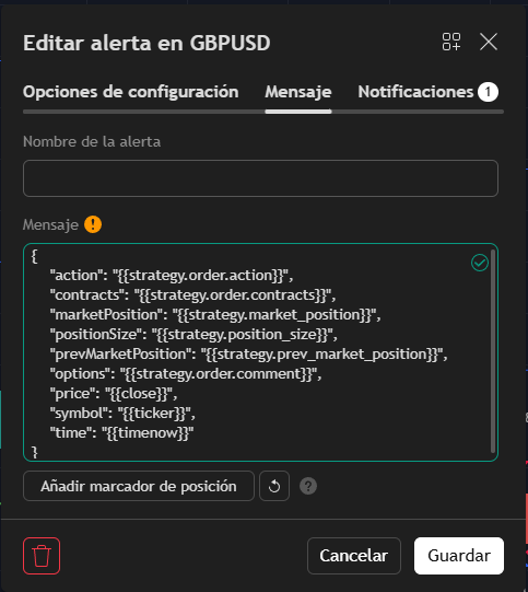 Configuración de mensaje JSON en TradingView