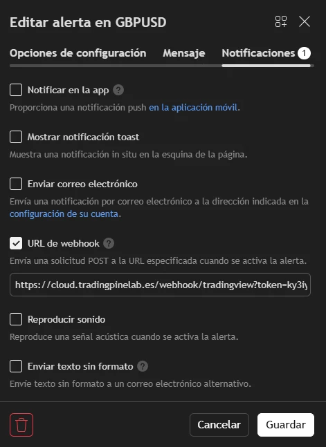 Captura: campo URL del webhook en el formulario de alertas de TradingView para TPL Cloud