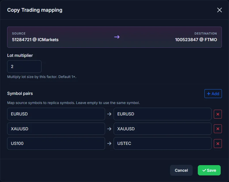 Copy Trading mapping: source, destination, symbols and lot multiplier