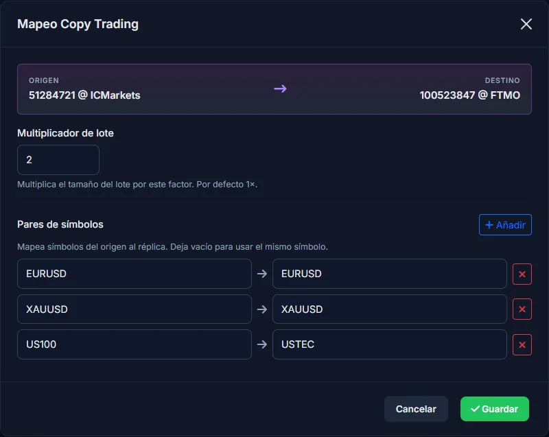 Mapeo Copy Trading: origen, destino, símbolos y multiplicador de lote