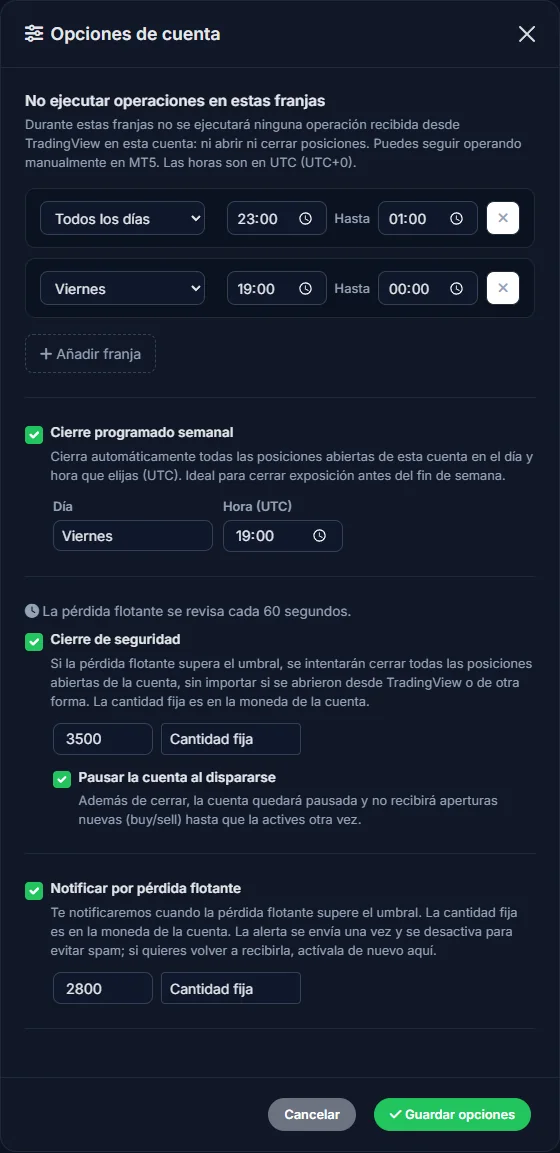 Opciones de cuenta: franjas, cierre de seguridad y alertas