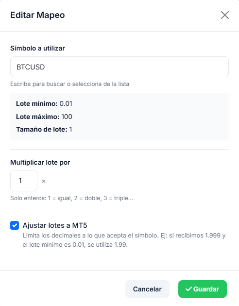 Ajuste de volumen y multiplicador de lotes en TPL Cloud para cuentas MetaTrader 5