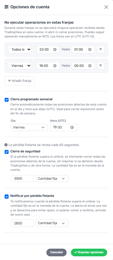 Panel de opciones de cuenta en TPL Cloud: gestión de suscripción y preferencias