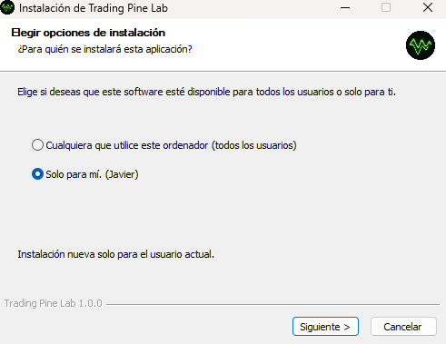 Selección de usuario en la instalación