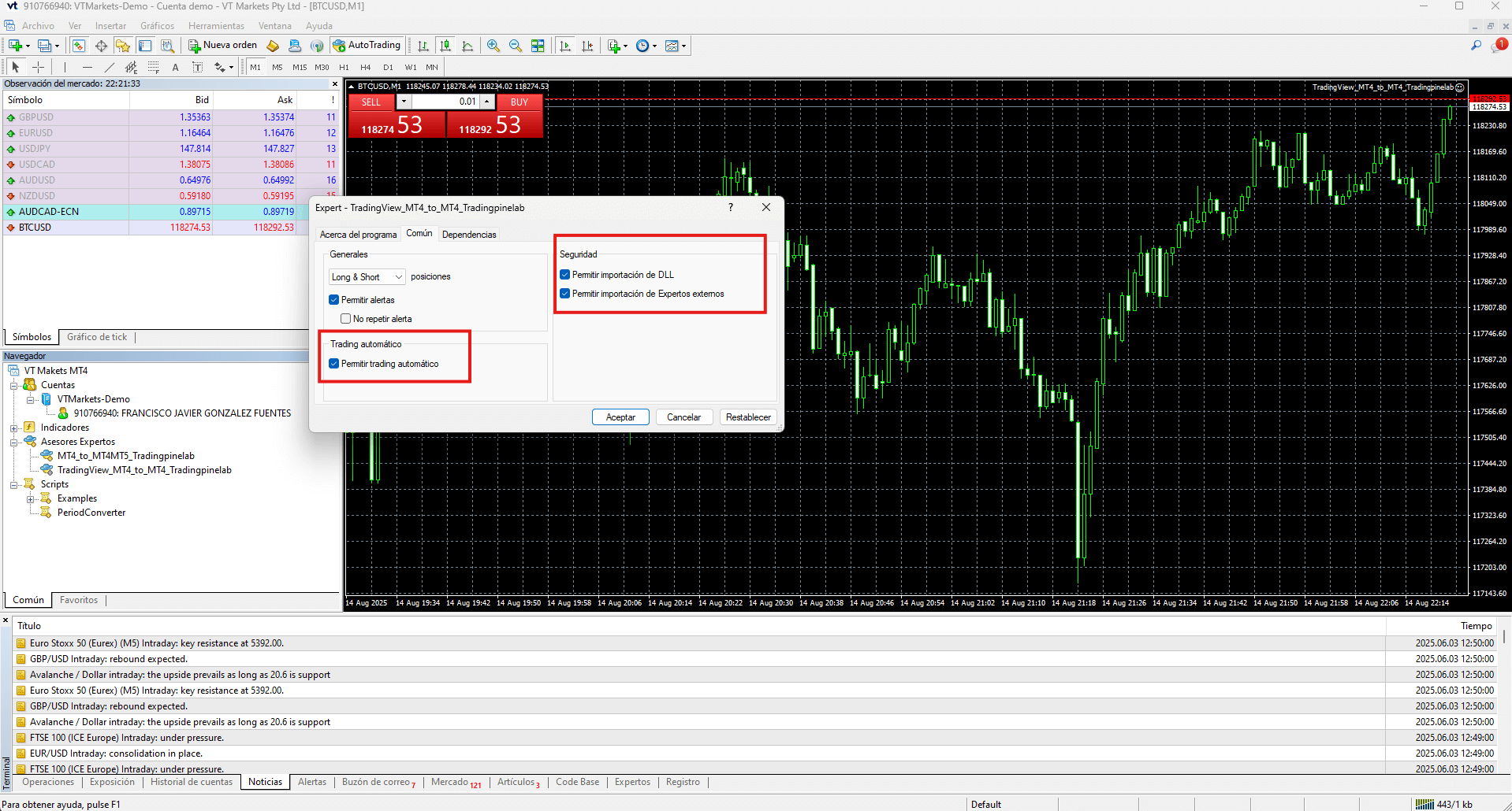 Verificación de conexión MT4