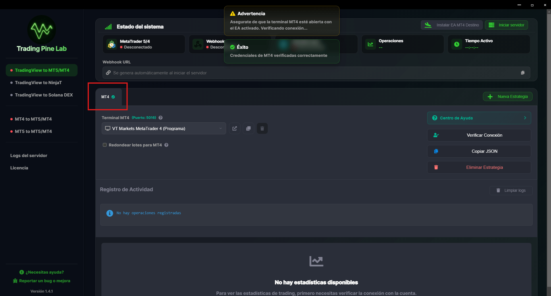 Verificación de conexión MT4