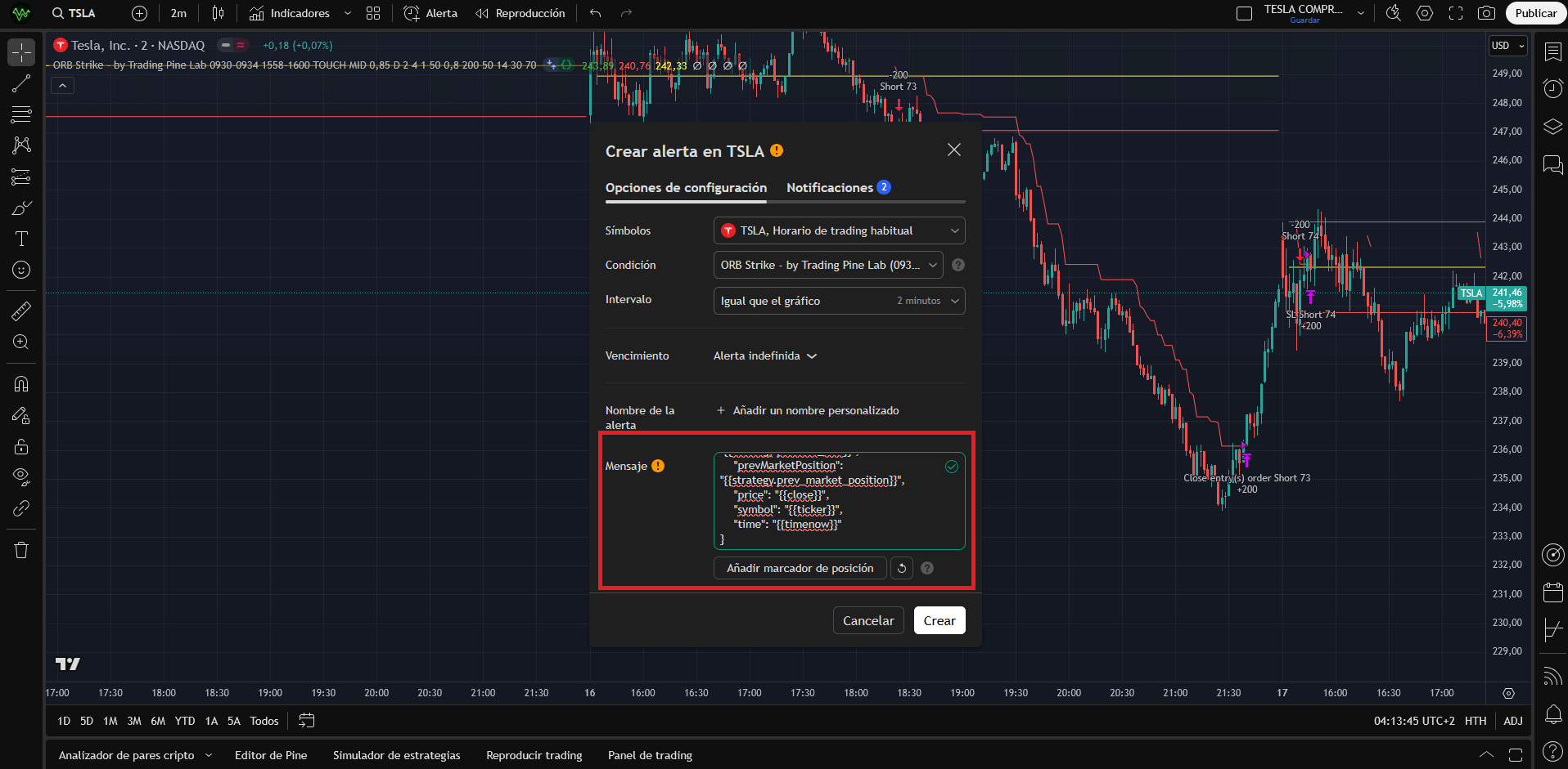 Configuración de alerta TradingView