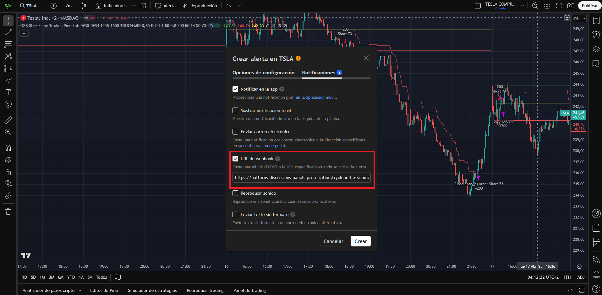 Configuración de alerta TradingView