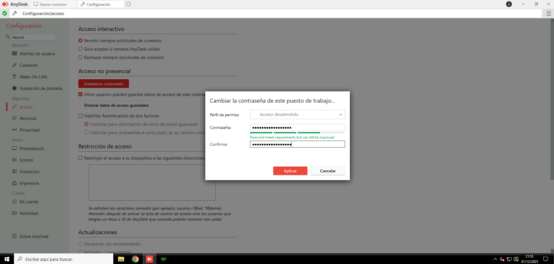 Configurar contraseña de acceso